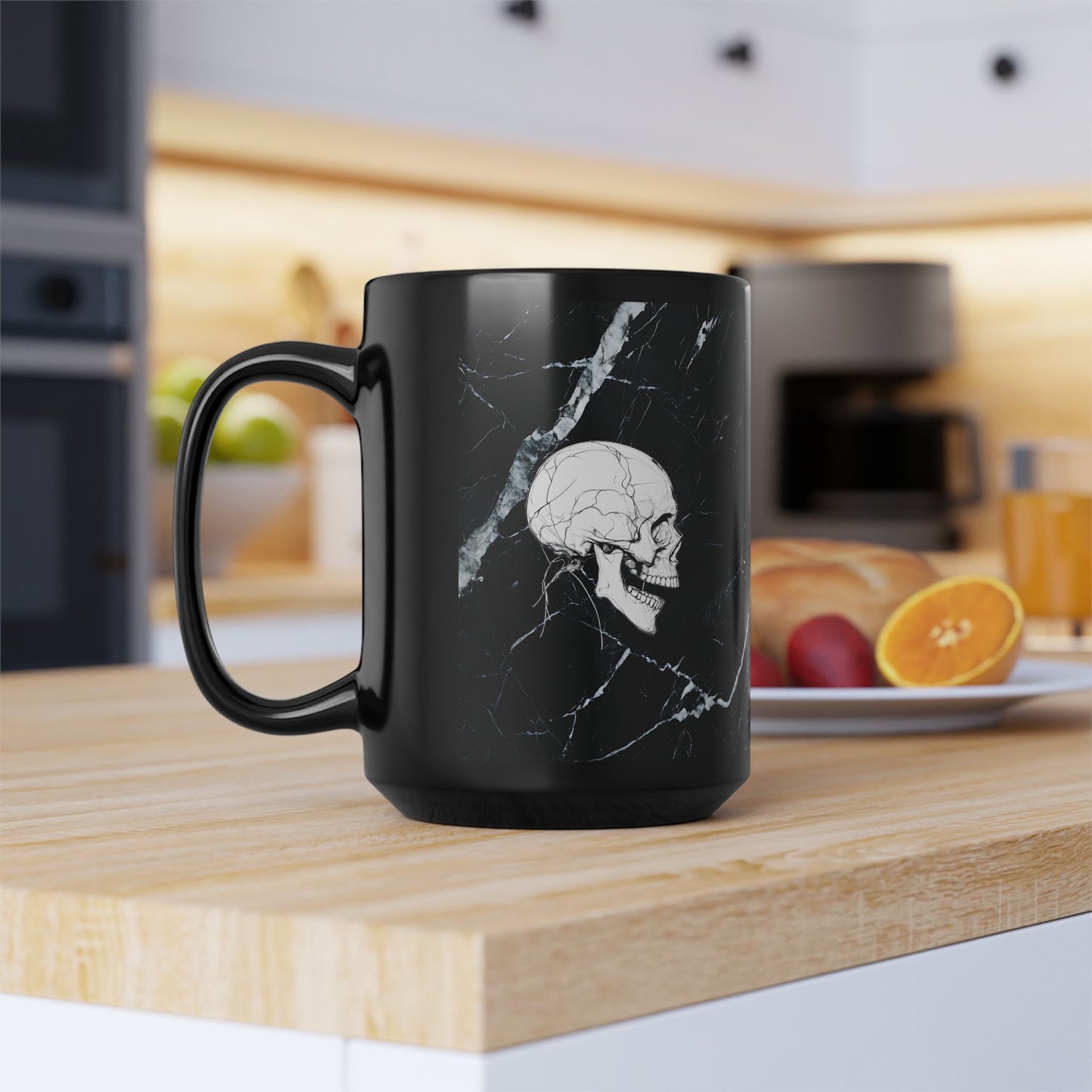 15oz Black Mug — 'Memento Mori' Marble Skull Ceramic Coffee Cup