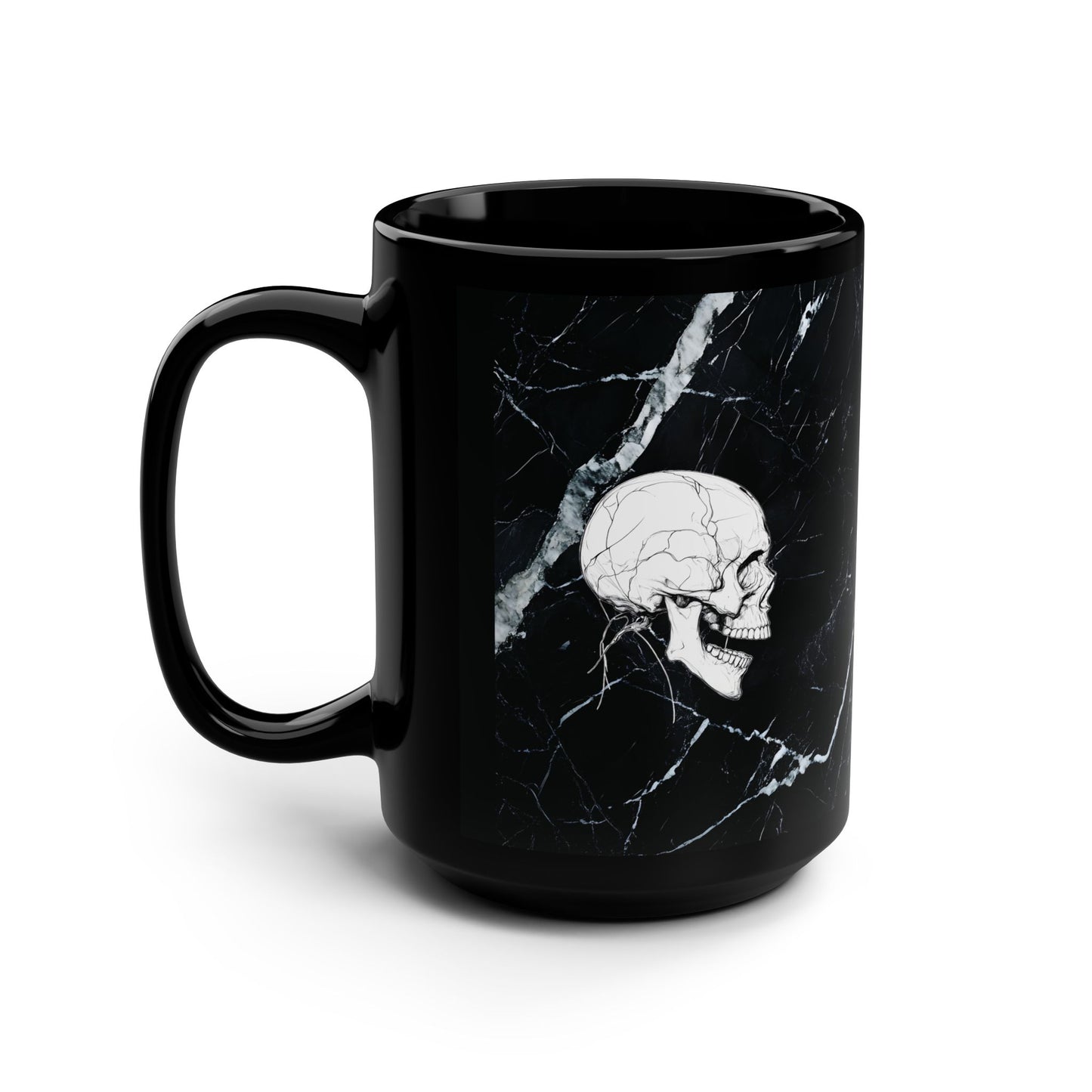 15oz Black Mug — 'Memento Mori' Marble Skull Ceramic Coffee Cup