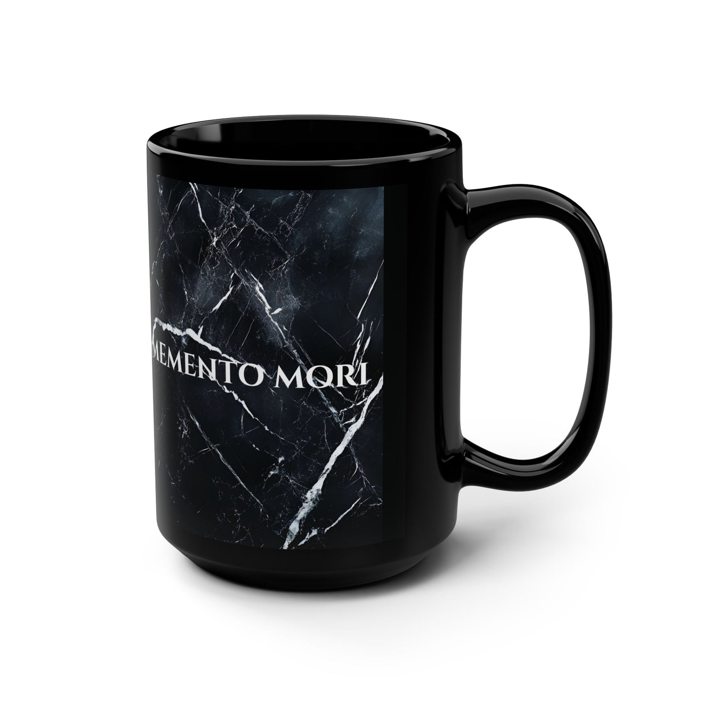 15oz Black Mug — 'Memento Mori' Marble Skull Ceramic Coffee Cup